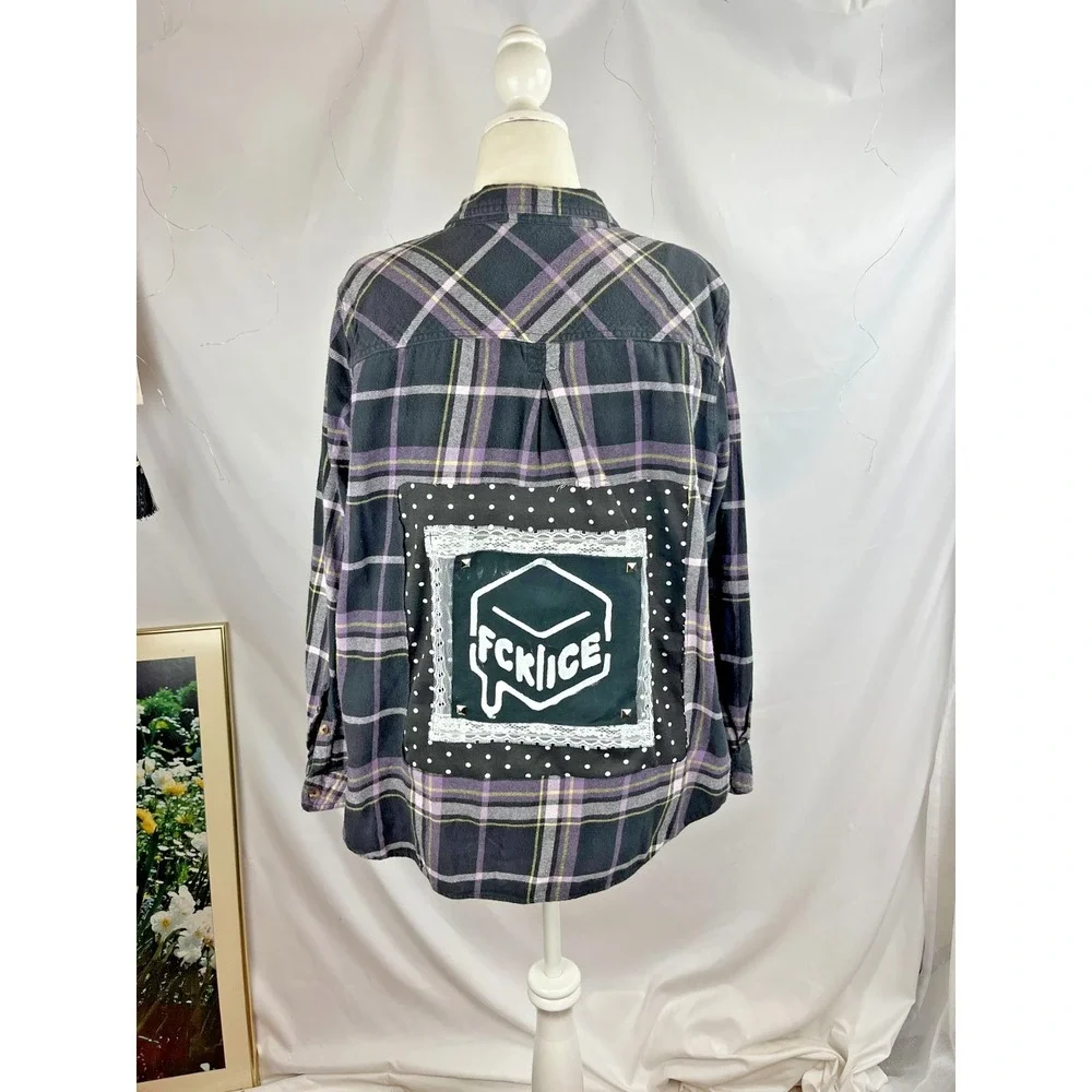 Sonoma Black and Purple Plaid Flannel with Back Graphic Patch - Picture 1 of 9